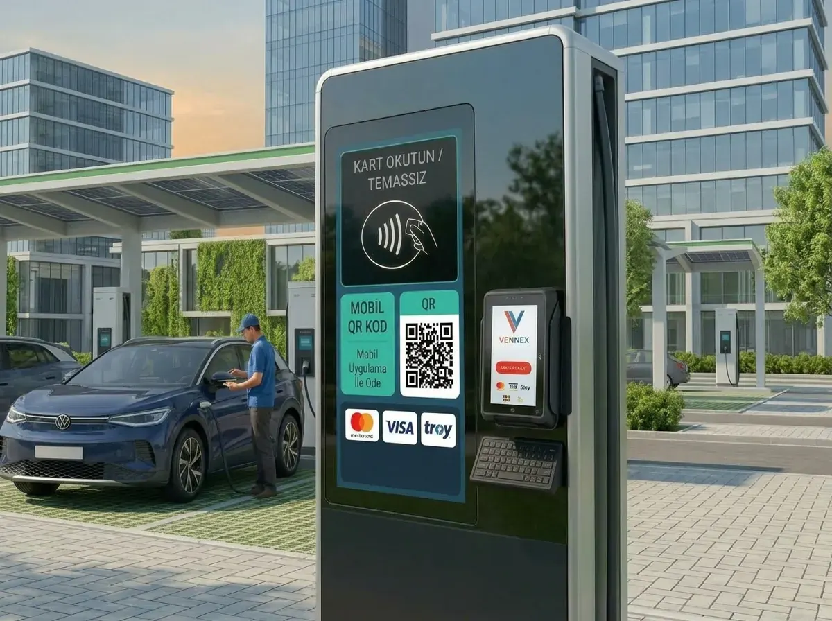 Vennex POS terminalli elektrikli araç şarj istasyonu: kartlı, temassız ve QR kodlu ödeme