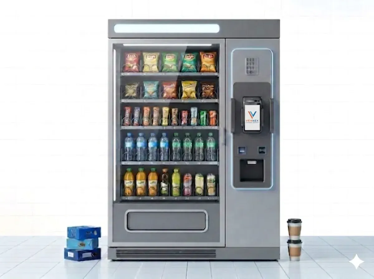 Vending machine üzerine takılmış Vennex otomat POS cihazı ve kartlı ödeme terminali